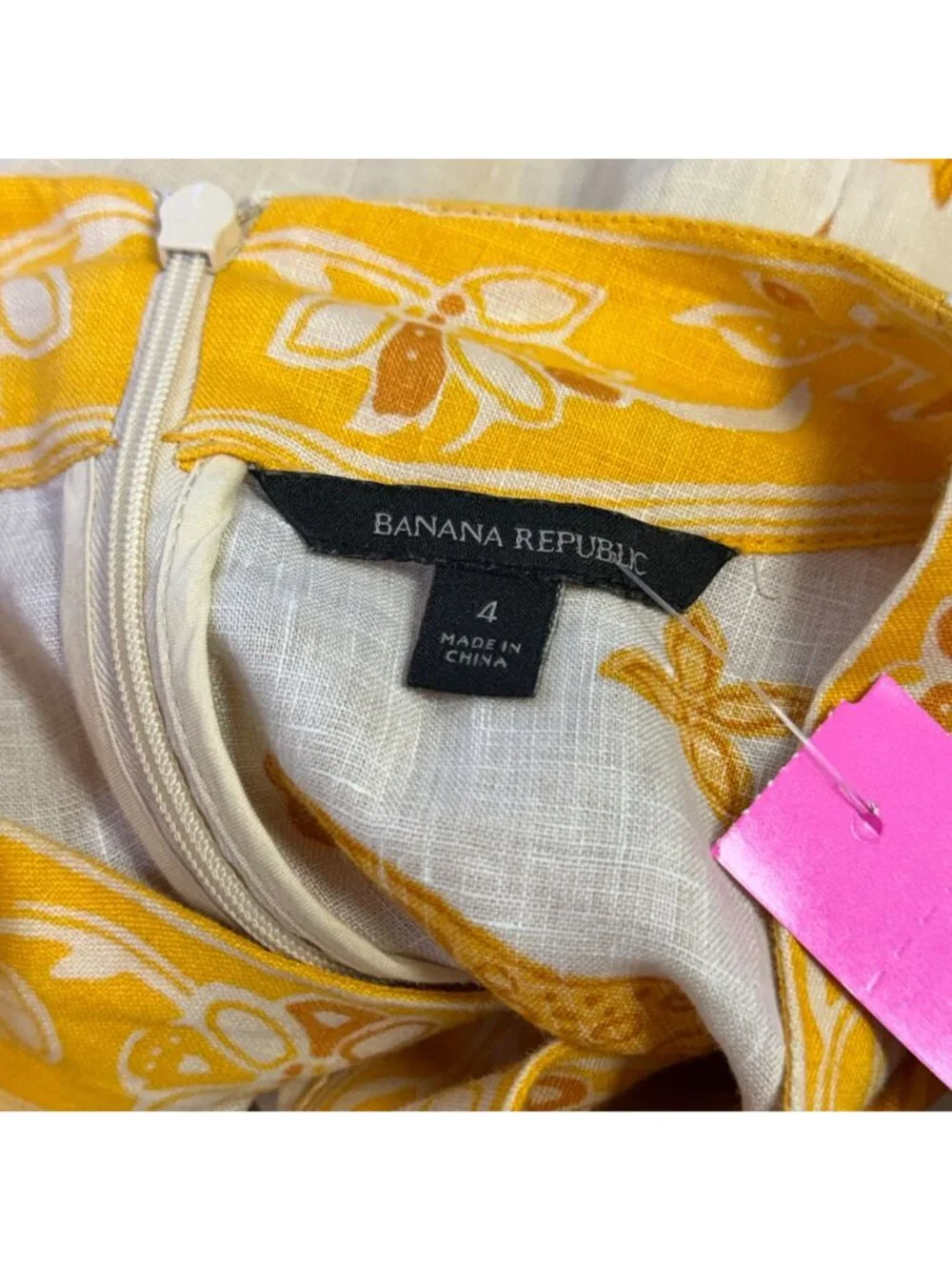 Banana Republic Linen Belted Dress Yellow Cream Long Sleeve Size 4 - Picture 7 of 8